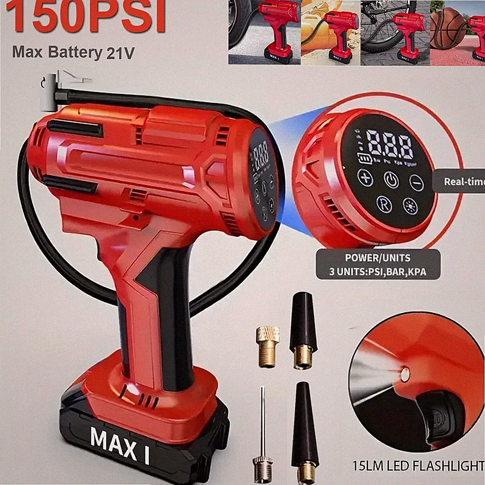 12V Cordless Tire Inflator Air Compressor with 21V Max Battery 150PSI Portable